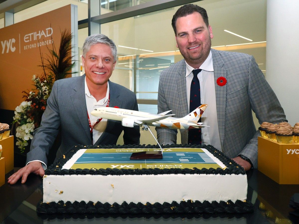 Calgary airport first UAE flight celebration