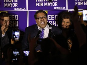 Mayor Naheed Nenshi speaks to the crowds at the National in Calgary, on Monday October 16, 2017 during election night.