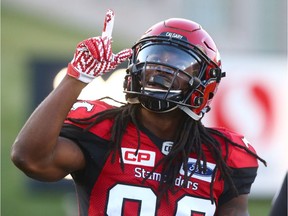 Stamps Marken Michel celebrates a long reception in the first half during CFL action between the Hamilton Tiger Cats and the Calgary Stampeders in Calgary at McMahon Stadium Saturday, July 29, 2017. Jim Wells/Postmedia

Postmedia Calgary
Jim Wells, JimWells/Postmedia