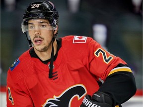 Calgary Flames Travis Hamonic during the pre-game skate before facing the Edmonton Oilers in NHL pre-season hockey at the Scotiabank Saddledome in Calgary on Monday, September 18, 2017.