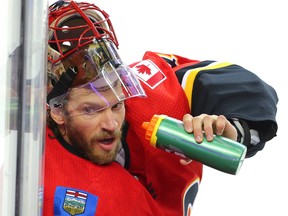 Calgary Flames goaltender Mike Smith during NHL hockey at the Scotiabank Saddledome in Calgary on Saturday, October 7, 2017. Al Charest/Postmedia