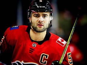 Calgary Flames Mark Giordano during the pre-game skate before facing the Washington Capitals in NHL hockey at the Scotiabank Saddledome in Calgary on Sunday, Oct. 29, 2017.
