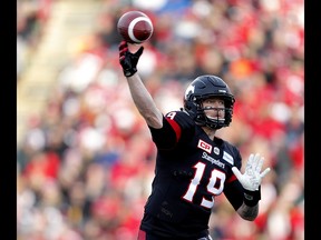 Calgary Stampeders quarterback Bo Levi Mitchell during their game against the Edmonton Eskimos during CFL Western Final action at McMahon Stadium in Calgary, Alta.. on Sunday November 19, 2017. Leah hennel/Postmedia