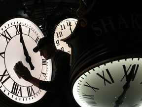 A post clock at Electric Time Company, Inc. in Medfield, Mass., March 7, 2014.