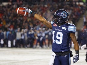 S.J. Green of the Toronto Argonauts celebrates a first down catch against the Calgary Stampeders during the second half of the Grey Cup on Nov. 26, 2017.
