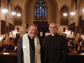 Greg Glatz, Minister of Calgary's Knox United Church, left and Father Andrew Foreshew-Cain from London, England were photographed in Knox United Church on Sunday November 26, 2017. Foreshew-Cain's 1880's London church added a post office, children's play area, and a cafe and he is visiting the city to help the historic Calgary church make similar changes. Gavin Young/Postmedia