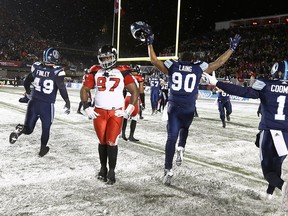 The Toronto Argonauts celebrate winning the Grey Cup against the Calgary Stampeders on Nov. 26, 2017