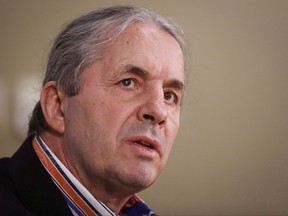 Former professional wrestler Bret Hart discusses the importance of PSA testing for men at a news conference in Calgary on March 7, 2016.