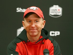Stampeders head coach Dave Dickenson answers media questions in Calgary on Saturday, the day before the Western Final against the Edmonton Eskimos.