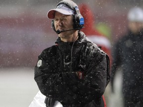 Calgary Stampeders head coach Dave Dickenson looks on during the Grey Cup on Nov. 26, 2017