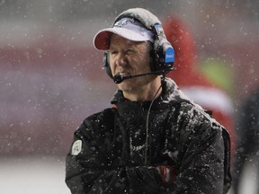 Calgary Stampeders head coach Dave Dickenson looks on during first half CFL football action against the Toronto Argonauts in the 105th Grey Cup Sunday November 26, 2017 in Ottawa.