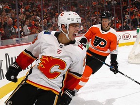 Johnny Gaudreau of the Calgary Flames scores against Brian Elliott of the Philadelphia Flyers at 7:13 of the first period at the Wells Fargo Center on Nov. 18, 2017 in Philadelphia.