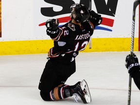 Mark Kastelic of the Calgary Hitmen celebrates his OT winner Saturday afternoon at the Saddledome.