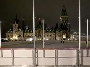 The ice skating rink being assembled on Parliament Hill's front lawn on Nov 23, 2017