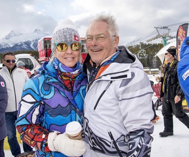 Lynne Harrison and Crazy Canuck Dave Irwin mingle at the finish area of the Lake Louise World Cup Menís Downhill on Saturday, November 27, 2017. photo by Pam Doyle/www.pamdoylephoto.com