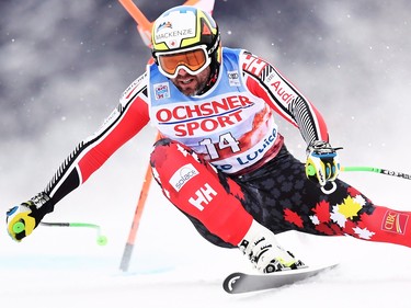 Manuel Osborne-Paradis of Canada heads down the course during a training run for the men's World Cup downhill ski race in Lake Louise, Alta. on Friday, Nov.24, 2017. THE CANADIAN PRESS/Frank Gunn ORG XMIT: FNG517