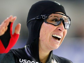 Ivanie Blondin celebrates after her women's 3,000-metre race of the Speedskating World Cup at the Thialf ice rink in Heerenveen, Netherlands on Nov. 12, 2017