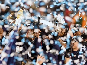 The Toronto Argonauts celebrate as they hoist the Grey Cup on Nov. 26, 2017