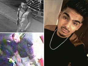 On the right, a family photo of Harsimran Singh Birdi, 20. On the left, surveillance images  released by Calgary police of two unidentified men believed to have been with Birdi shortly before his death.