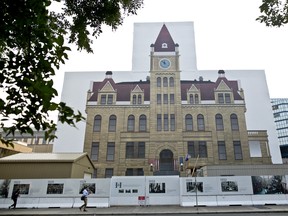 Calgary's Historic City Hall under wraps in September 2017 as the building undergoes a major restoration.
