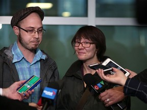 Calan Lovstrom and Laine Sloan former residents evicted from Midfield Mobile Home Park in Calgary speak with media after the decision was made at Calgary Courts Centre on Friday December 8, 2017. Leah Hennel/Postmedia