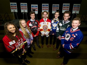 (L-R) McKenna Bond (Calgary Fire), Kennedy Brown (Rocky  Mountain Raiders), Brett Trentham (CFR Chemicals Bisons), Aiden Mucenski (Calgary Flames), Eric Gilholme (Calgary Royals), Tyler Lowe (Calgary Northstars), and Dylan Hanhorn (Calgary Buffaloes), the captains from seven host teams for the upcoming Mac's Tournament, stand for a photo during a team-reveal event at the Westin Hotel in Calgary, Alta., on Wednesday, Dec. 7, 2016. The iconic Midget AAA hockey tournament is in its 36th year and includes teams from around the world; it runs Dec. 26 to Jan. 1. Lyle Aspinall/Postmedia Network