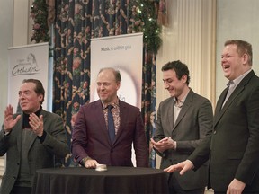 Representatives from the Calgary Philharmonic Orchestra and Meludia announced that theyíve partnered to offer Canadians free music lessons for a year on Wednesday, Dec. 6, 2017. Pictured from left is Kevin Kleinmann, Meludia vice-president, Jeremy Clark, a key sponsor of the initiative, Bastien Sannac, co-founder and CEO of Meludia, and Rune Bergmann, music director for the CPO. Kerianne Sproule/Postmedia