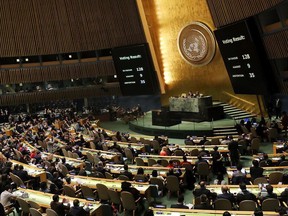 The voting results are displayed on the floor of the United Nations General Assembly in which the United States declaration of Jerusalem as Israel's capital was declared "null and void" on December 21, 2017 in New York City.