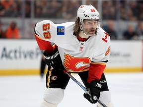 Jaromir Jagr #68 of the Calgary Flames looks on during the second period of a game against the Anaheim Ducks  at Honda Center on December 29, 2017 in Anaheim, California.