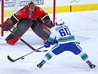 Calgary Flames goaltender Mike Smith stopped the Vancouver Canucks' Markus Granlund on this quick break-away during NHL action in Calgary Saturday December 9, 2017.