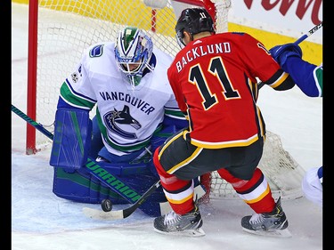 Vancouver Canucks goaltender Anders Nilsson stopped this scoring chance by Calgary Flames forward Mikael Backlund during NHL action in Calgary Saturday December 9, 2017.