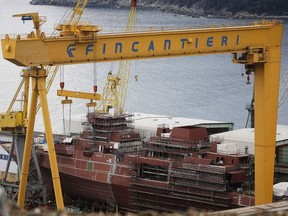 A picture shows a ship under construction in the shipyard Fincantieri of Riva Trigoso on January 4, 2017 in Sestri Levante, northern Italy.