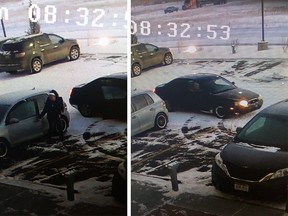 Video surveillance footage captured two suspects exiting a black sedan moments before the Volkswagen was stolen.
