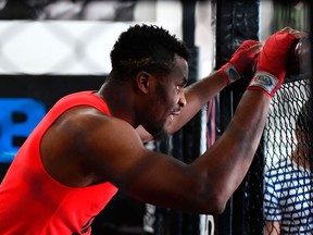 French-Cameroonian mixed martial artist Francis Ngannou attends a training session at the MMA Factory in Paris on April 21, 2017
