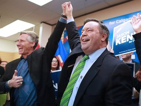 Jason Kenney celebrates with past MLA Dave Rodney after winning the Calgary Lougheed by-election on Thursday December 14, 2017. Gavin Young/Postmedia