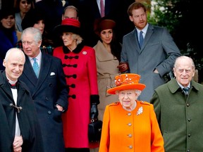 (L-R) Prince Charles, Prince of Wales, Britain's Camilla, Duchess of Cornwall, U.S. actress Meghan Markle, Queen Elizabeth II, Prince Harry and Prince Philip, Duke of Edinburgh leave after attending the Royal Family's traditional Christmas Day church service at St Mary Magdalene Church in Sandringham, Norfolk, eastern England, on Dec. 25, 2017. (ADRIAN DENNIS/AFP/Getty Images)