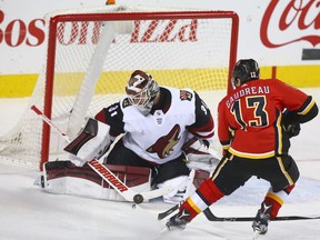 Coyotes goalie goale Scott Wedgewood stops Flames Johnny Gaudreau on a breakaway in the third period during NHL action between the Arizona Coyotes and and the Calgary Flames in Calgary on Thursday, November 30, 2017. Flames won 3-0. Jim Wells/Postmedia

Postmedia Calgary