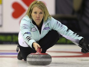 Skip Cathy Overton-Clapham delivers a rock during the Scotties Tournament of Hearts on Jan. 20, 2016