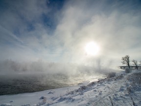 Steam rises from the Bow River in Fish Creek Provincial Park on Dec. 26, 2017.
