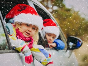 christmas car travel- happy kids travel in winter nature