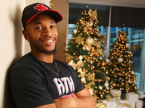 Canadian Olympic sprinter Akeem Haynes poses in Calgary before speaking at an event at WinSport on Sunday, December 17, 2017. He competed as part of Canada's Olympic team in Rio de Janeiro, where he grabbed a bronze medal in the 4x100-metre relay team.