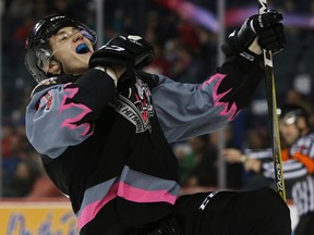 Calgary Hitmen centre Conner Chaulk celebrates scoring the third goal of the night as the Calgary Hitmen beat the Swift Current Broncos 6-1 in Western Hockey League action at the Scotiabank Saddledome on Friday, December 8, 2017 in Calgary, Alta.