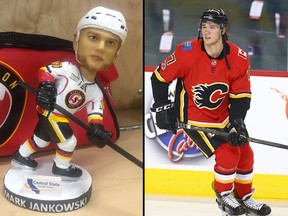 On the right, Calgary Flames' Mark Jankowski. On the left, his bobblehead doll from Stockton, CA.
