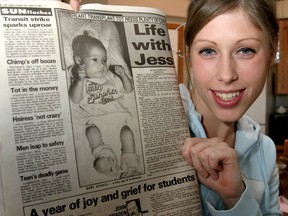 Jessica Diggens, celebrates her 18th birthday as she is a infant heart transplant patient, the first Canadian and 4th in the world. Here she is holding up the Sun from April 19, 1987