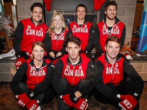 Canada's Sochi Olympics luge team (Back, L-R: Sam Edney, Alex Gough, Justin Snith and Tristan Walker. Front, L-R: Kimberley McRae, John Hennell and Mitchell Malyk) in Calgary in December 2013.