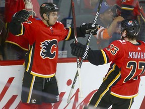 Calgary Flames forward Johnny Gaudreau a goal with teammate Sean Monahan on Dec. 2, 2017