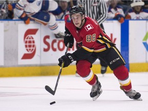 Calgary Flames Andrew Mangiapane during the NHL Young Stars Classic hockey action against the Edmonton Oilers at the South Okanagan Events Centre in Penticton, BC, September, 8, 2017.