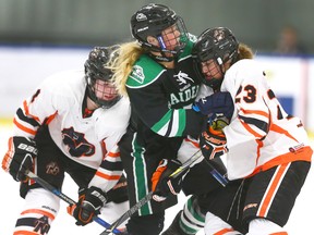 The Rocky Mountain Raiders' Athena Hauck (centre) tries to split the defence against Prince Albert Northern Bears' Jordan Ashe (left) and Kailee Peppler during Mac's AAA Midget Hockey Tournament female play at Max Bell Centre in Calgary on Saturday, December 30, 2017.