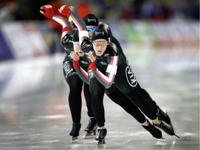Ivanie Blondin, Isabelle Weidemann and Kali Christ of Canada skate to a bronze medal during women's team pursuit at the ISU World Cup Speedskating  in Calgary on Saturday. Photo by Leah Hennel/Postmedia.