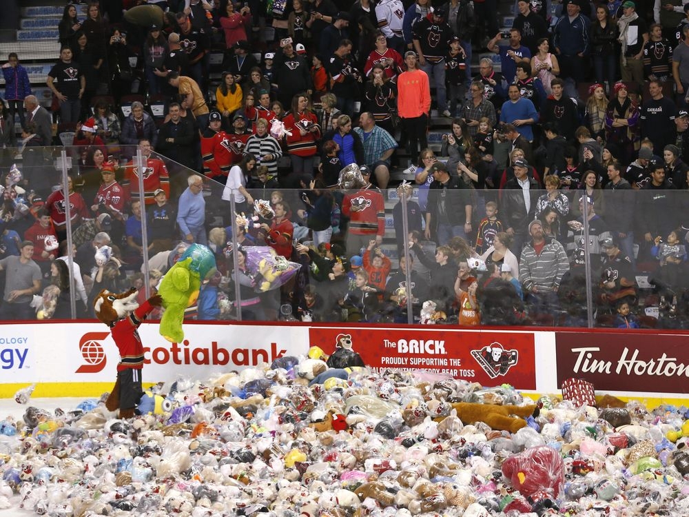 Teddy Bear Toss: Stuffies hit Saddledome ice as Lethbridge Hurricanes beat  Calgary Hitmen in OT - Calgary